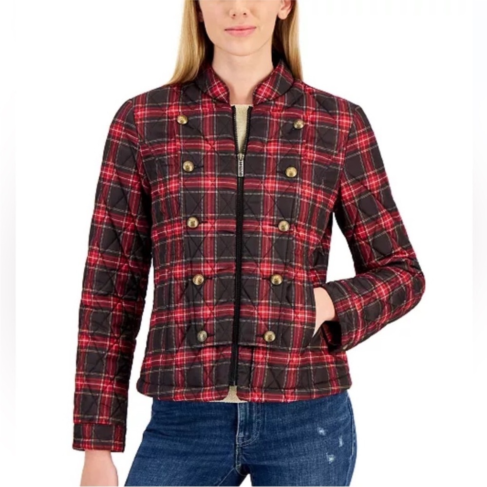 Tommy Hilfiger Tartan Plaid Quilted Military Jacket With Gold Buttons